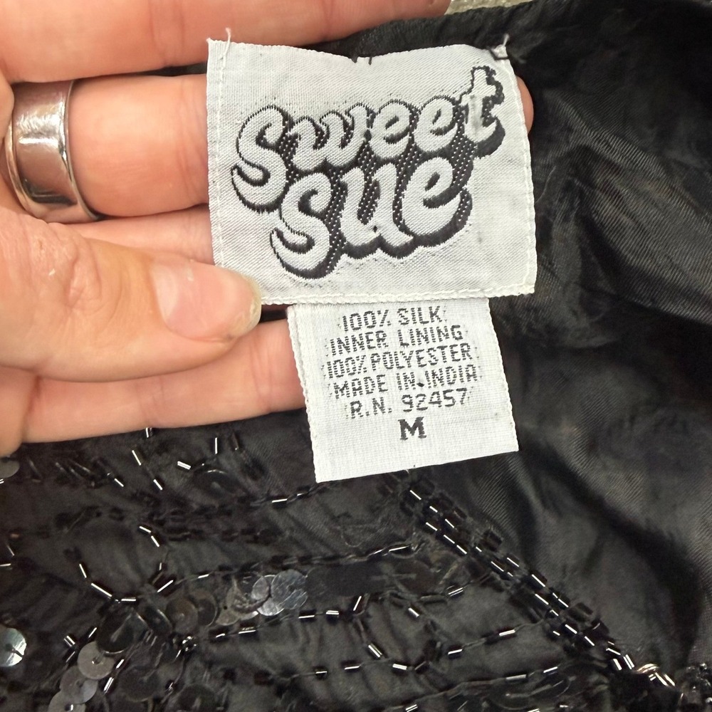 Sweet Sue Vintage Black Beaded Silk Sequin Vest Women Medium Hook Eye Closure - Picture 6 of 7